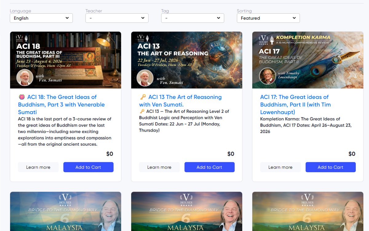 Asian Classics Institute course catalog with filters and course cards