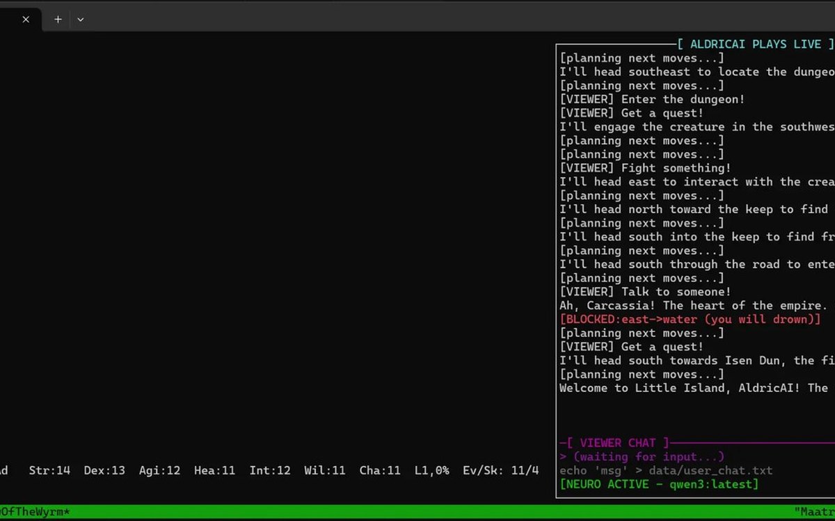 AldricAI terminal showing the agent alongside ASCII game state