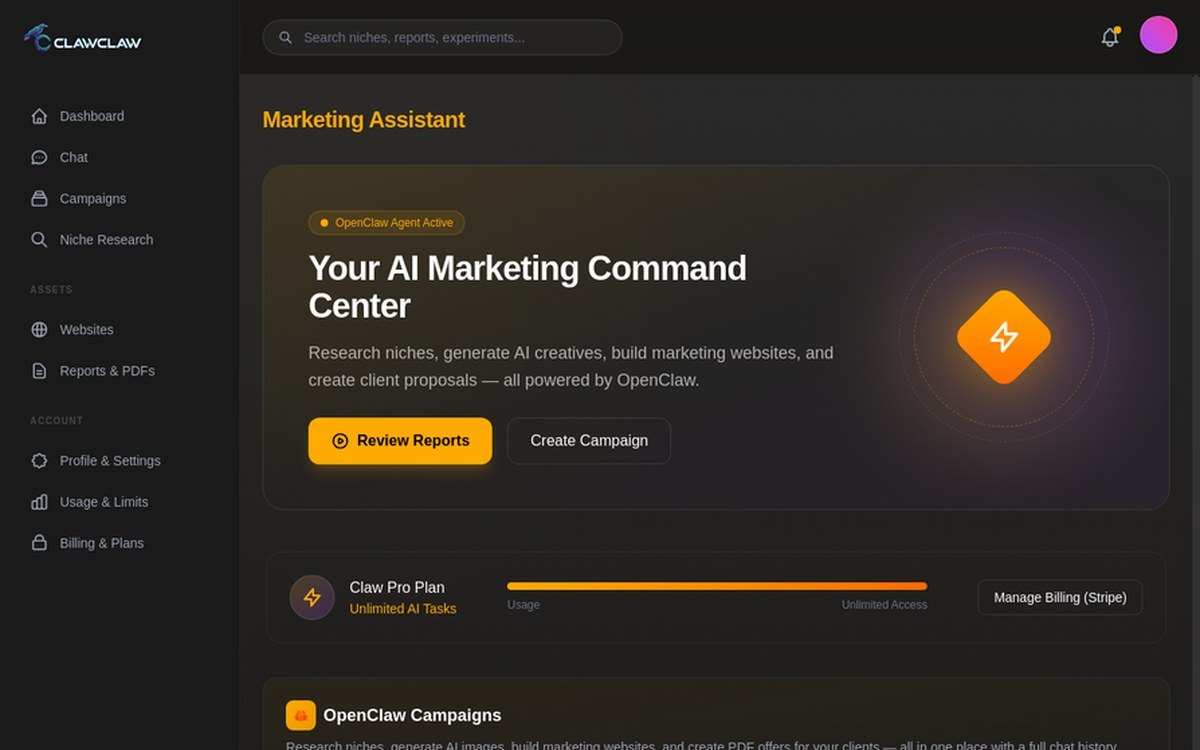 ClawClaw marketing command center with an active agent workflow