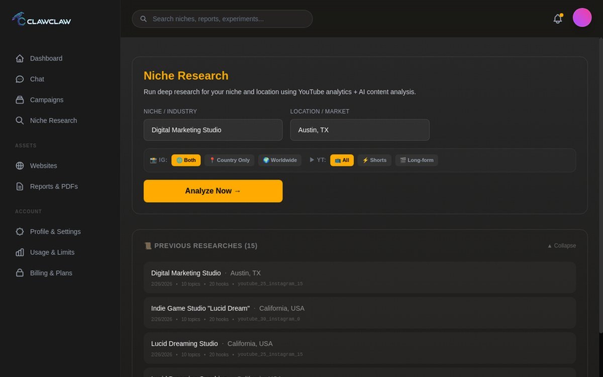 ClawClaw niche research screen showing creators, hooks, and segments