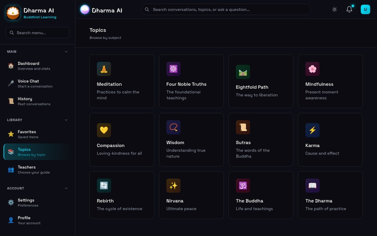 Dharma AI dashboard with Buddhist text categories and conversation choices