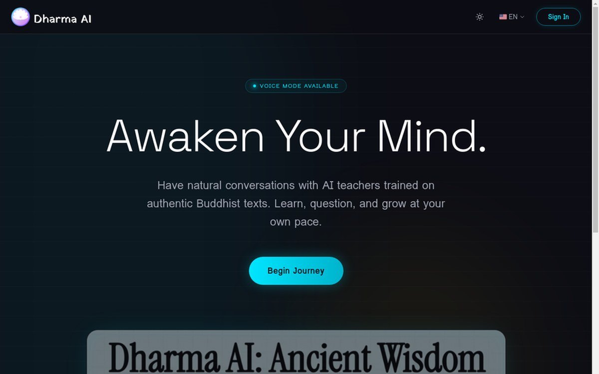 Dharma AI landing screen introducing an ancient wisdom study interface