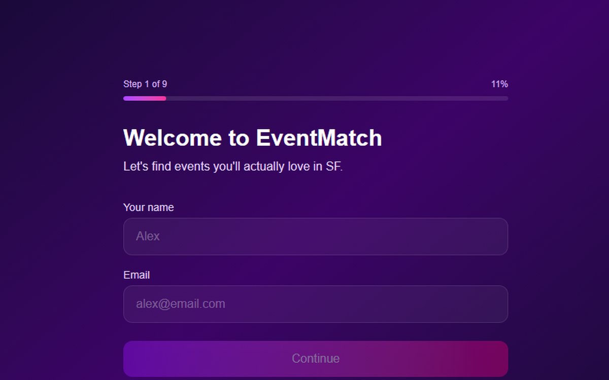 EventMatch SF welcome screen at the beginning of a nine-step onboarding flow