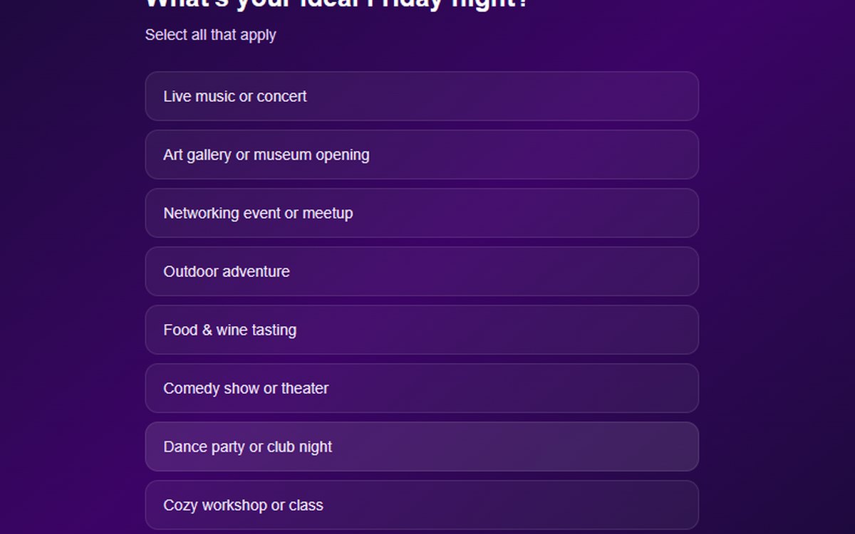 EventMatch SF preference screen with selectable Friday night activities