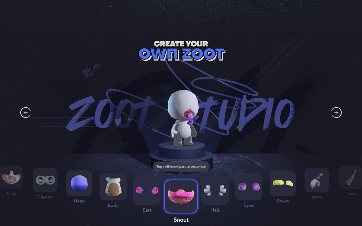 Le Zoo avatar customization interface with a colorful Zoot character