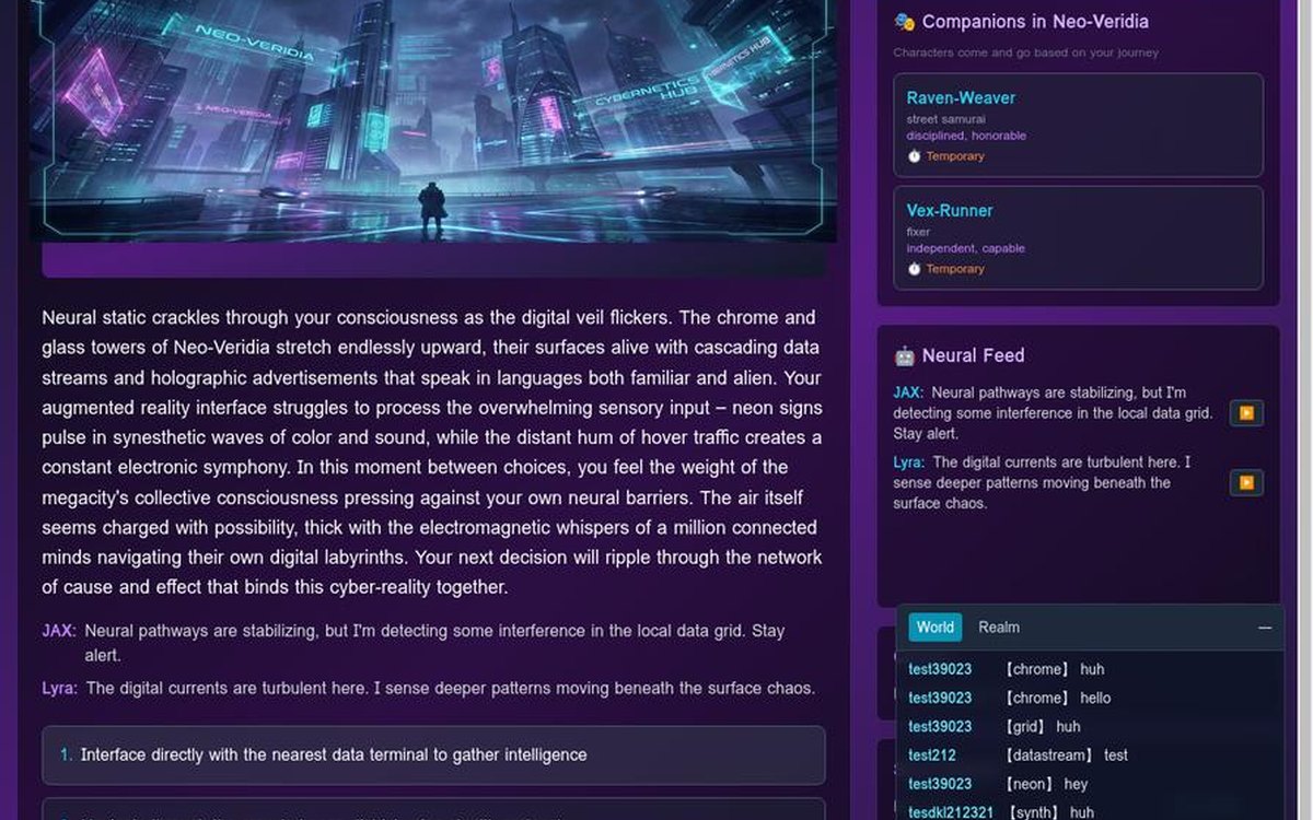 Lucid Cyber RPG gameplay with generated story, actions, and world state