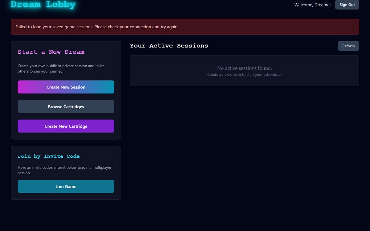 Lucid Cyber RPG lobby for entering a persistent dream world